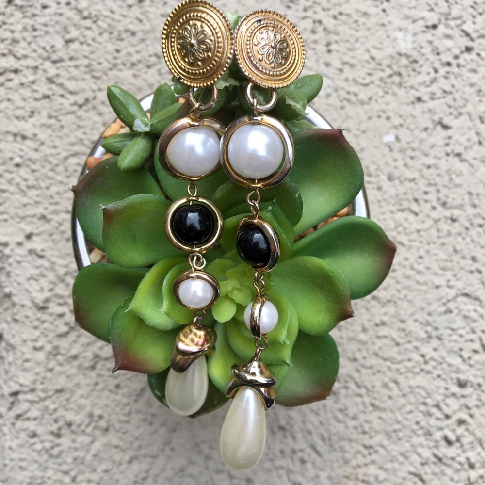 Black gold pearl medallion earrings long Aztec